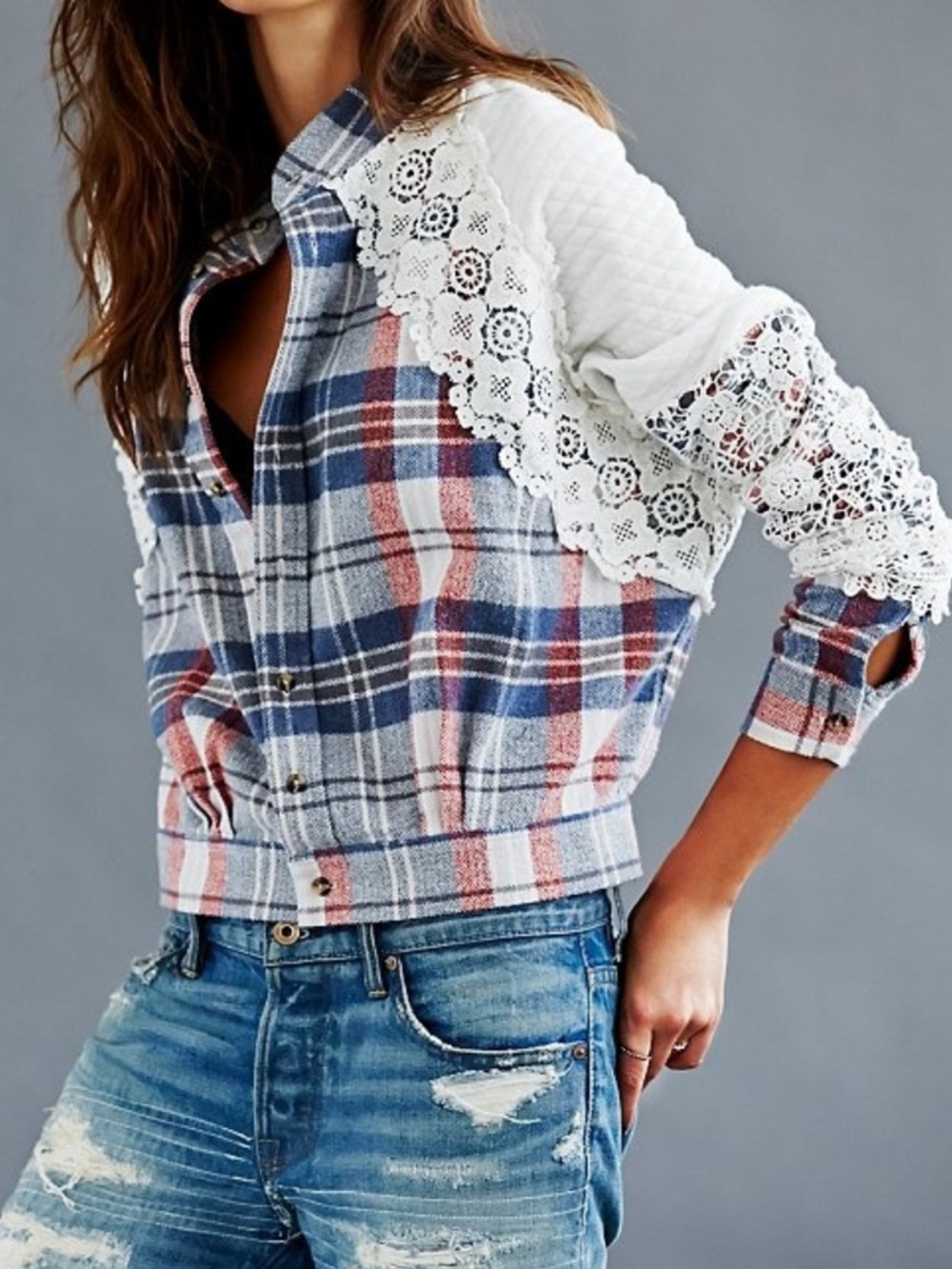 Free People Plaid Flannel Button-Up Jacket with White Lace Detail Size L